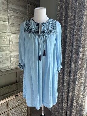 H&M Light Blue Boho Tunic Dress with Navy Embroidery
